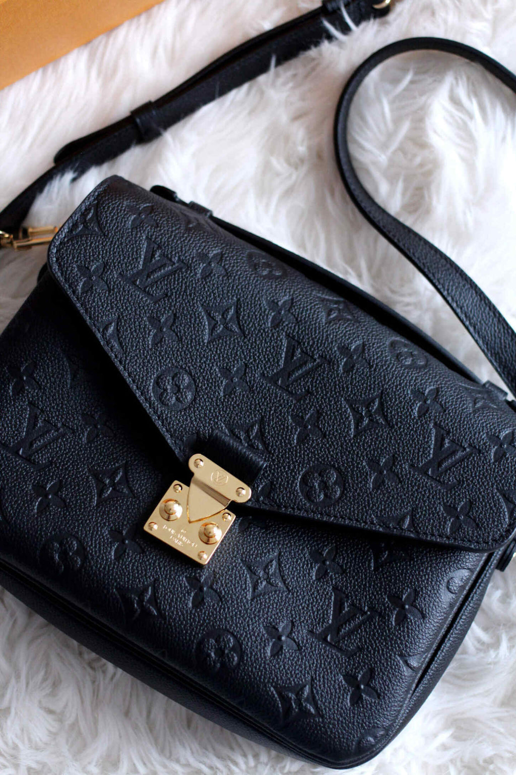 LV Pochette Métis Monogram Empreinte Leather Handle Crossbody Bag with Navy Blue Leather Trim